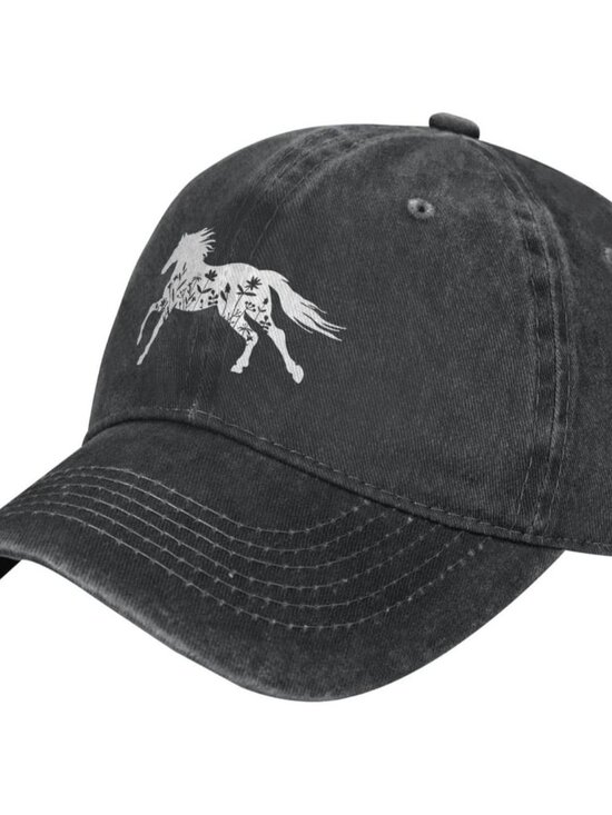 Women\'s Floral and Horse Hat Adjustable Washed Vintage Baseball Cap Black